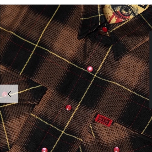 DIXXON Women's Flannel shirt - Brown and Black Plaid w/ Red Pearl Snap closure - Picture 4 of 5
